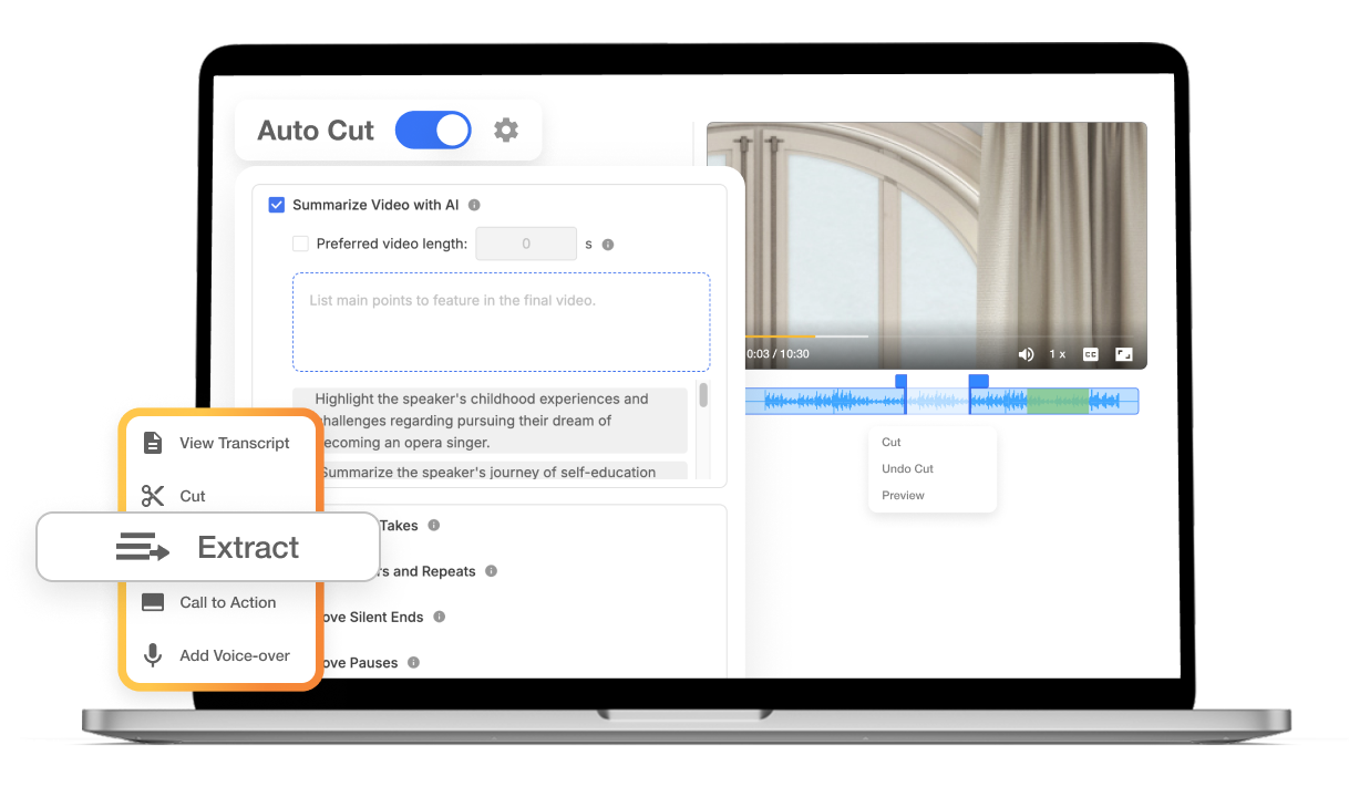 Visla's AI tool for extract clips for video editing, showing an interface to identify essential topics and keywords from video content.